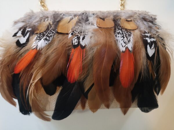 Pochette plume naturelle, beige fauve rouge et noire