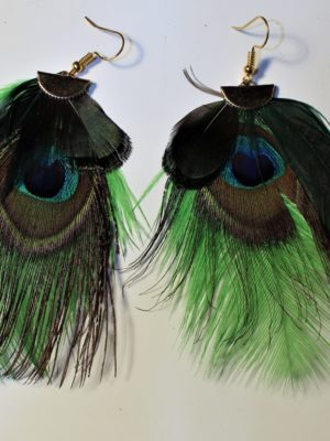 Boucles d'oreilles plumet verte et plume de paon