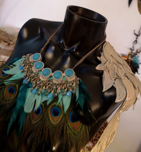 Collier plume bleu et perle