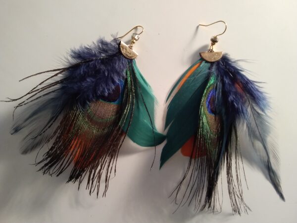 Boucles d'oreilles plumes bleu ,verte et orange et plume de paon